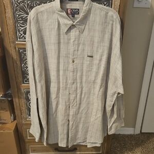 Chaps Men's Plaid Shirt - Cream and Gray Long Sleeve